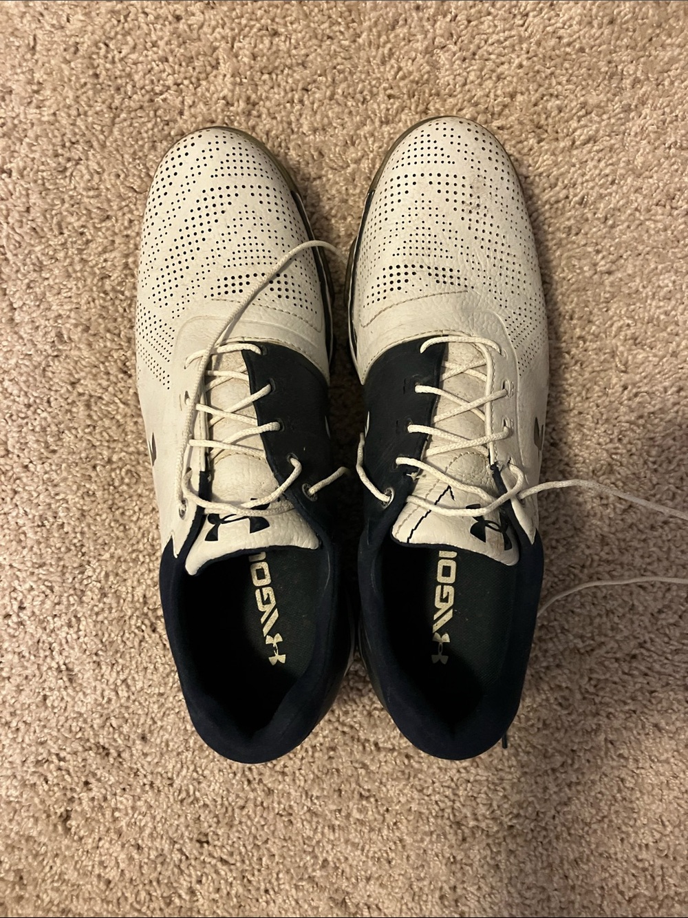 Under Armour Men’s White and Navy Athletic Golf Shoes